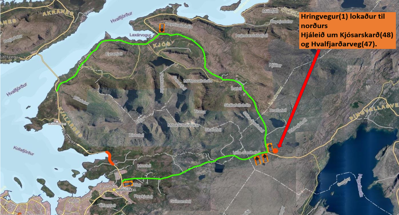 Frá klukkan 21:00 til klukkan 7:00 um morguninn verður vegurinn lokaður í norðurátt við Þingvallaveg. Hjáleið verður á þessum tíma um Þingvallaveg (36), Kjósarskarðsveg (48) og Hvalfjarðarveg (47).