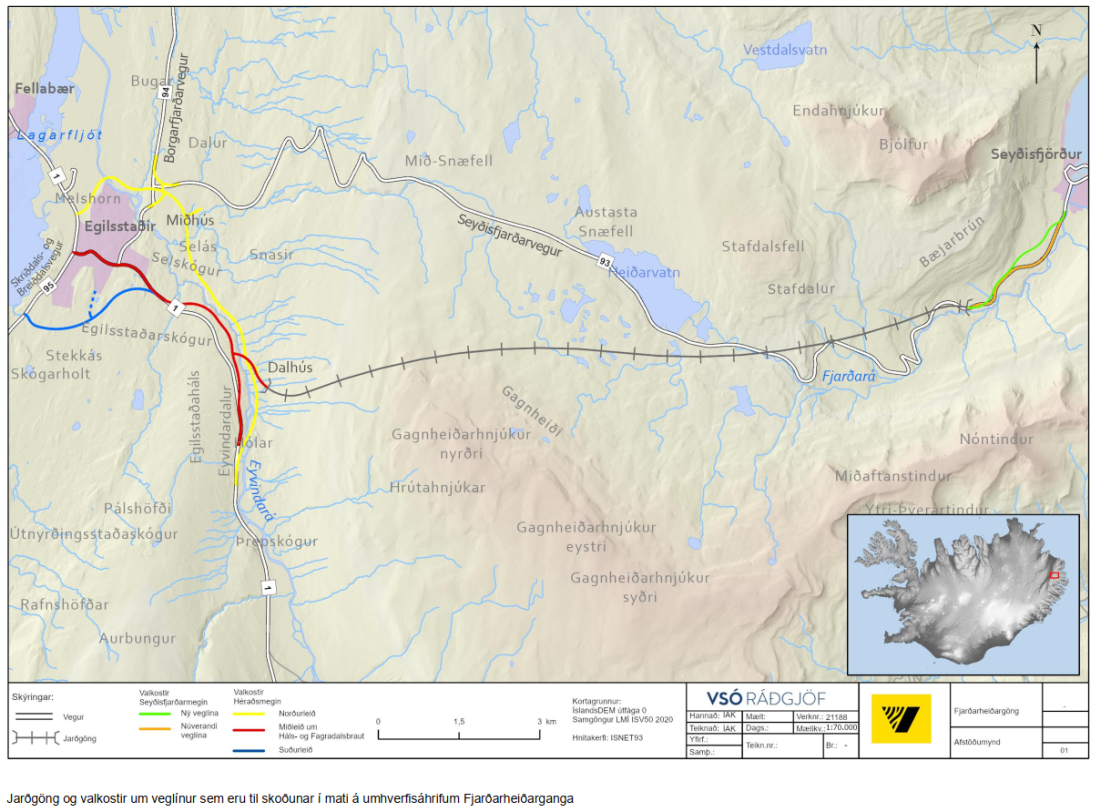 Jarðgöng og valkostir um veglínur sem eru til skoðunar í mati á umhverfisáhrifum Fjarðarheiðarganga.
