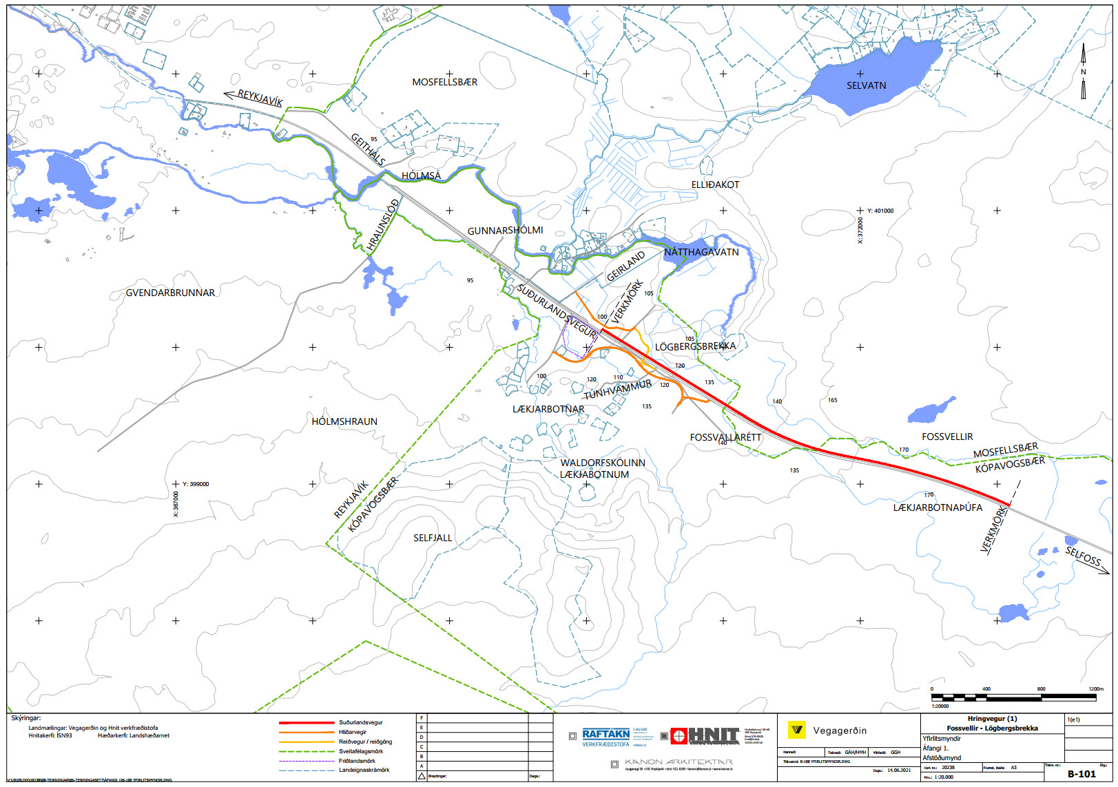 Yfirlitsmynd sýnir 1. áfanga, þ.e. Fossvellir-Lögbergsbrekka