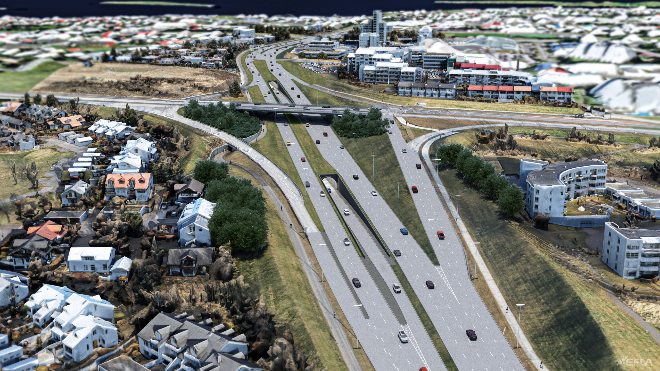 Tölvugerð mynd af jarðgangatengingum að og frá Kringlumýrarbraut.