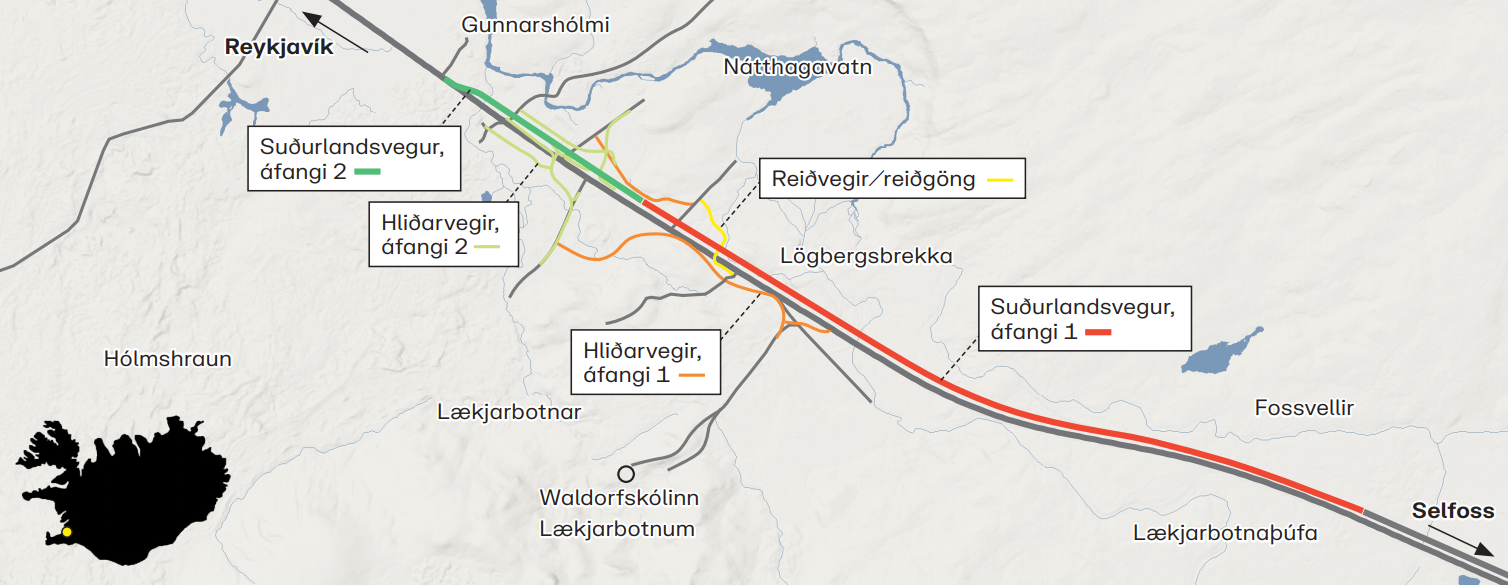 Kort sem sýnir helstu verkhluta framkvæmdarinnar.