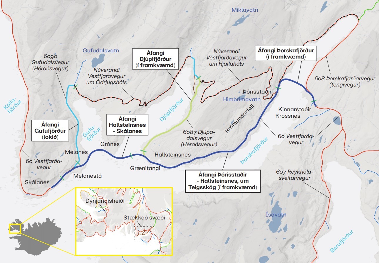 Kort sem sýnir áfanga við vegaframkvæmd í Gufudalssveit. Kortið er nokkurra ára gamalt en gefur ágæta mynd af veglínunni og framkvæmdunum.
