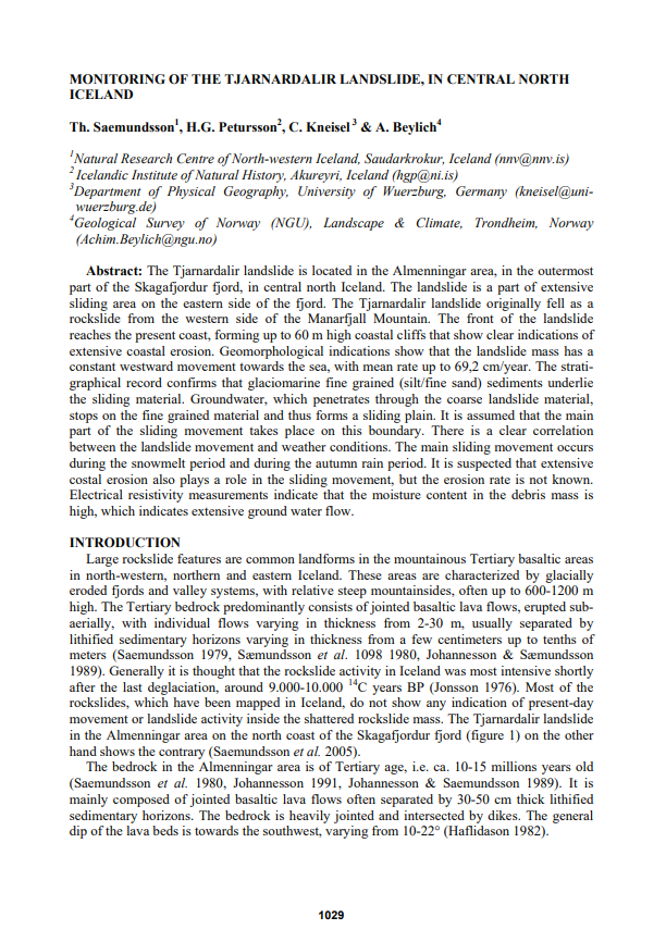 Monitoring of the Tjarnardalir landslide, in central North Iceland