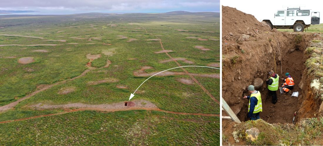 Yfirlitsmynd af hryggjum í Álandstungu í Þistilfirði. Horft til sjávar í norðaustri. Skurðir voru grafnir í tvo hryggi til að kanna setgerð og byggingarlag þeirra.

