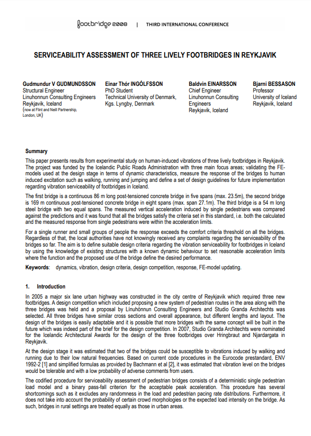 Serviceability assessment of three lively footbridges in Reykjavík