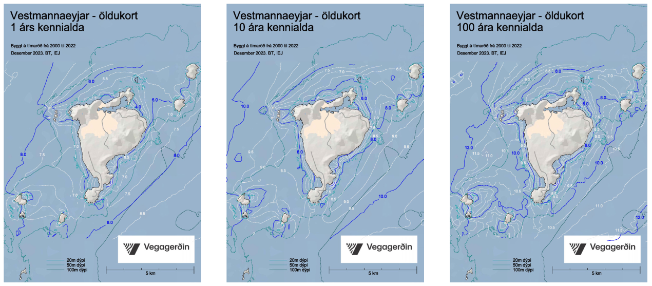 Vestmannaeyjar - öldukort 1, 10 og 100 ára kennialda.