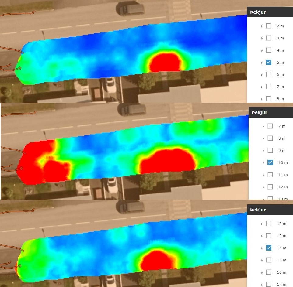 Dæmi um niðurstöður frá jarðsjá. Rauðu svæðin sýna holrými á mismunandi dýpi.