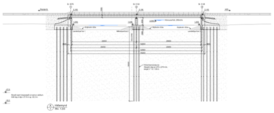 Mynd 1.  Hliðarmynd brúar yfir Djúpá - grunduð á niðurreknum steyptum staurum.