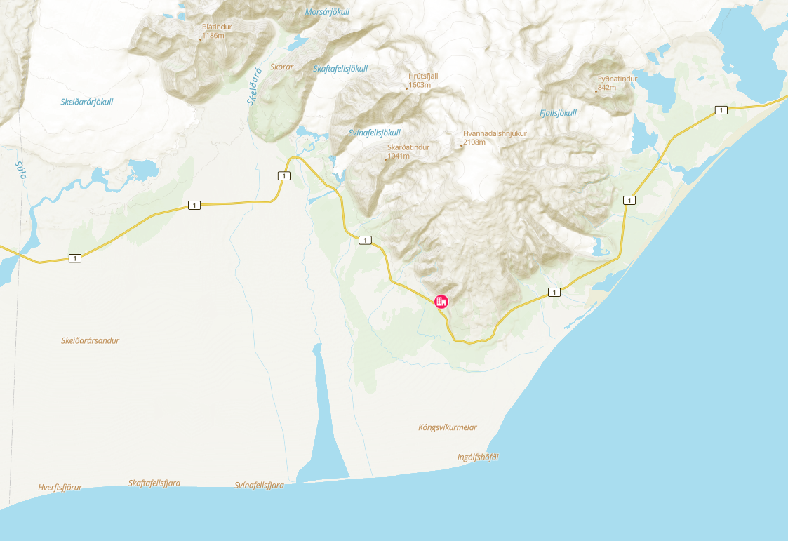 Staðsetning félagsheimilisins Hofgarðs að Hofi í Öræfum.