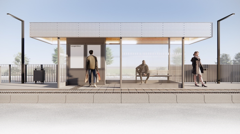  Ásýndarmynd af skýli við borgarlínustöð.