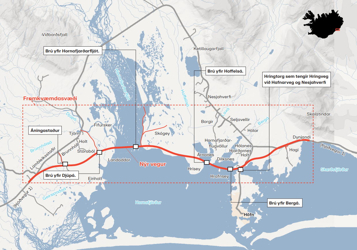 Hringvegur (1) um Hornafjörð - Kort sem sýnir framkvæmdasvæði ð