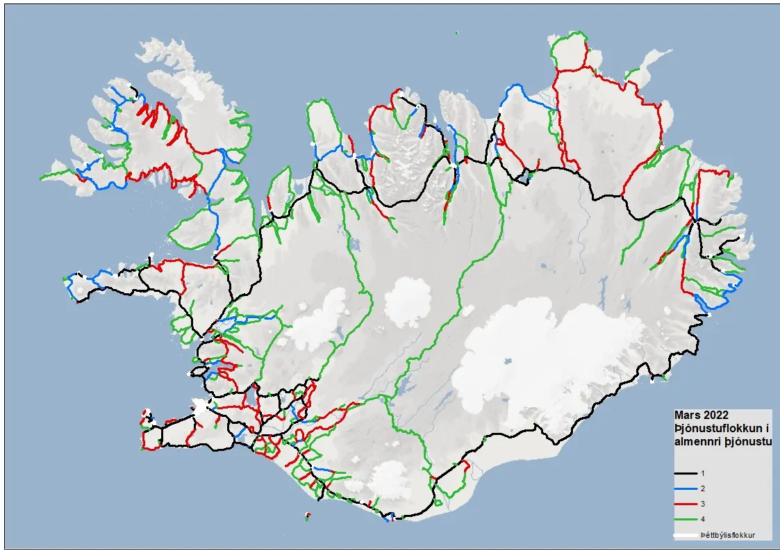 Map showing road classification and how often per week said roads are serviced.