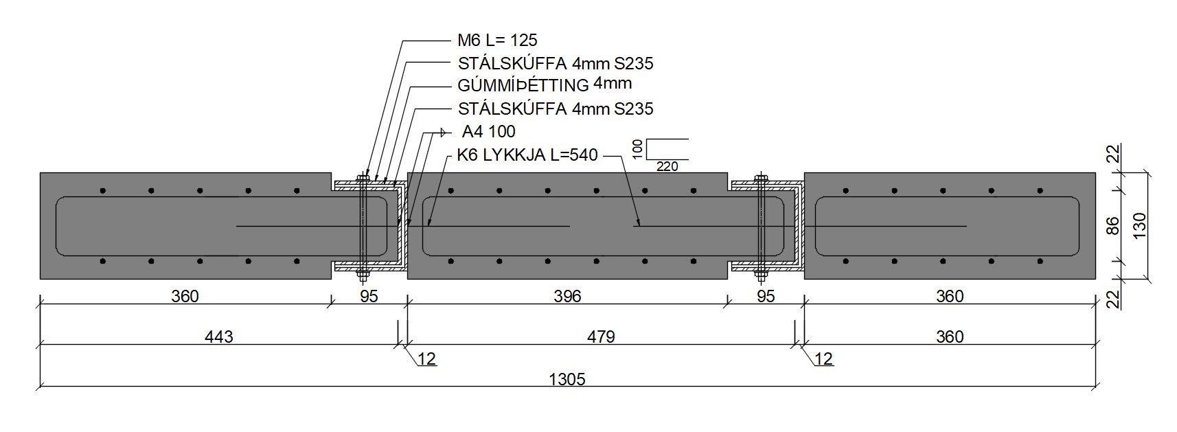 Teikning af skúffutengingu sem notuð var við prófun.