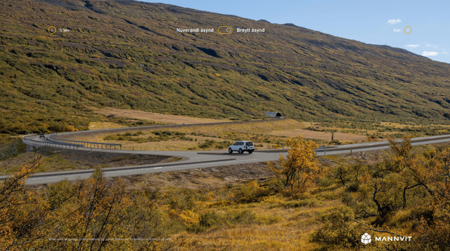 Breytt ásýnd: Horft í suðausturátt við afleggjara að fyrirhuguðum gangamunna á túnum við Dalhús.
