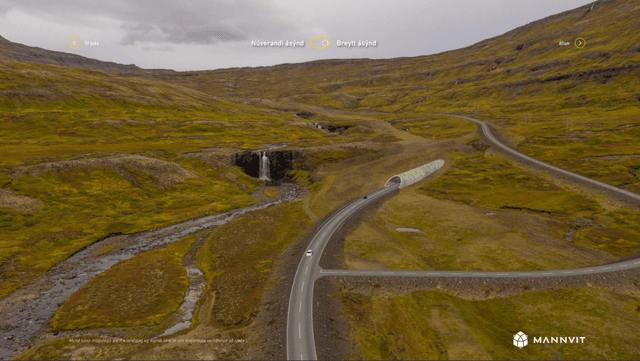 Breytt ásýnd. Horft í vesturátt við Gufufoss að fyrirhuguðum gangamunna.