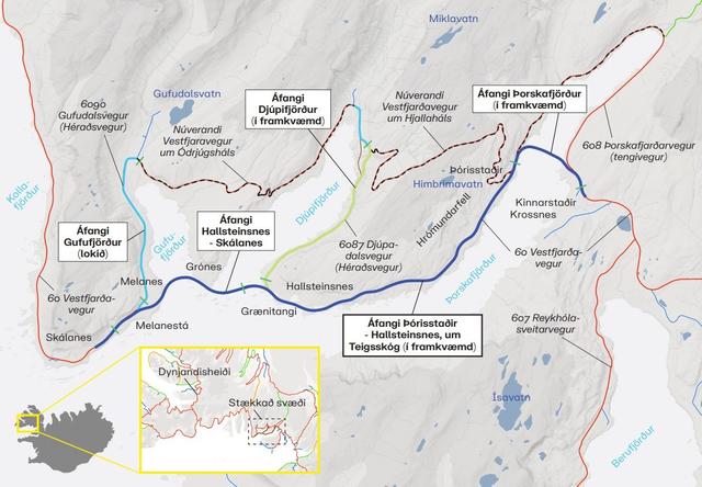 Kort sem sýnir áfanga við vegaframkvæmd í Gufudalssveit.