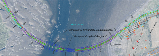 Kort sem sýnir nánar framkvæmdir við fyllingar og bráðabirgðabrú yfir Gufufjörð.