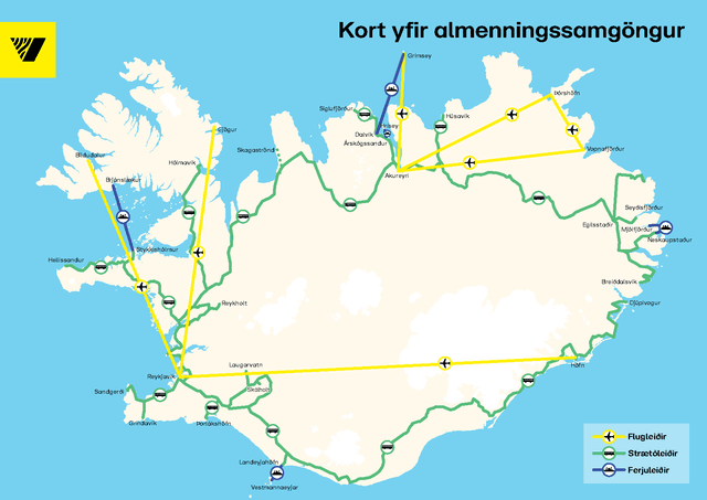 Kort yfir þær almenningssamgöngur sem Vegagerðin hefur umsjón með.