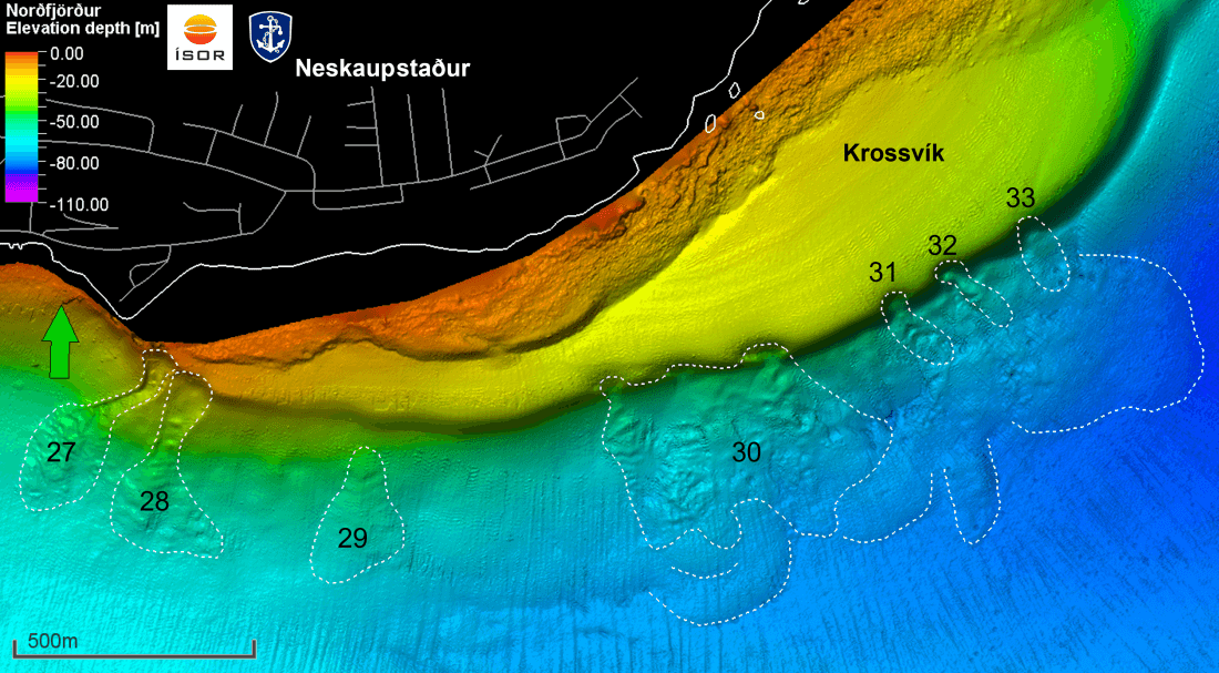 Neðansjávarskriður 27–33 úti fyrir ströndum Neskaupstaðar í Norðfirði.