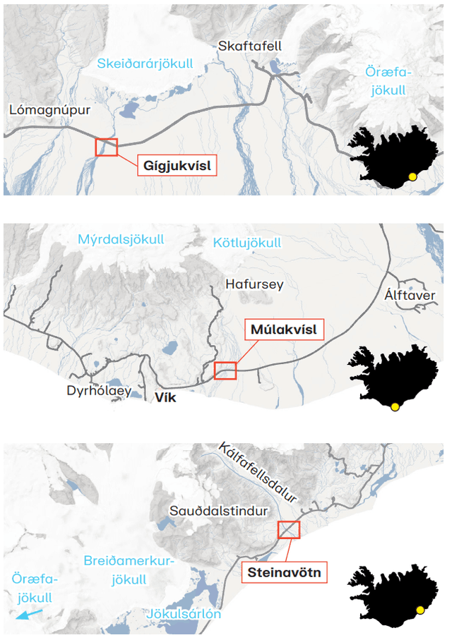 Flóðin urðu í þremur vatnsföllum: Gígjukvísl 1996, Múlakvísl 2011 og Steinavötnum 2017.
