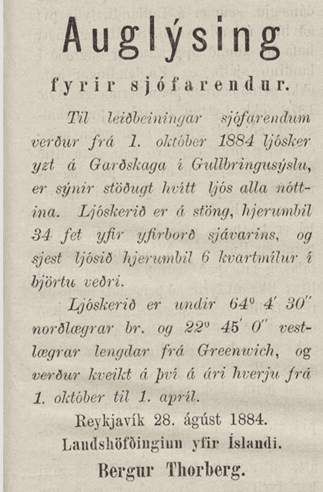 Auglýsing úr Suðri, Reykjavík 23. september 1884.  Fyrsti vörðuvitinn á Garðskaga og annar ljósviti Íslands.