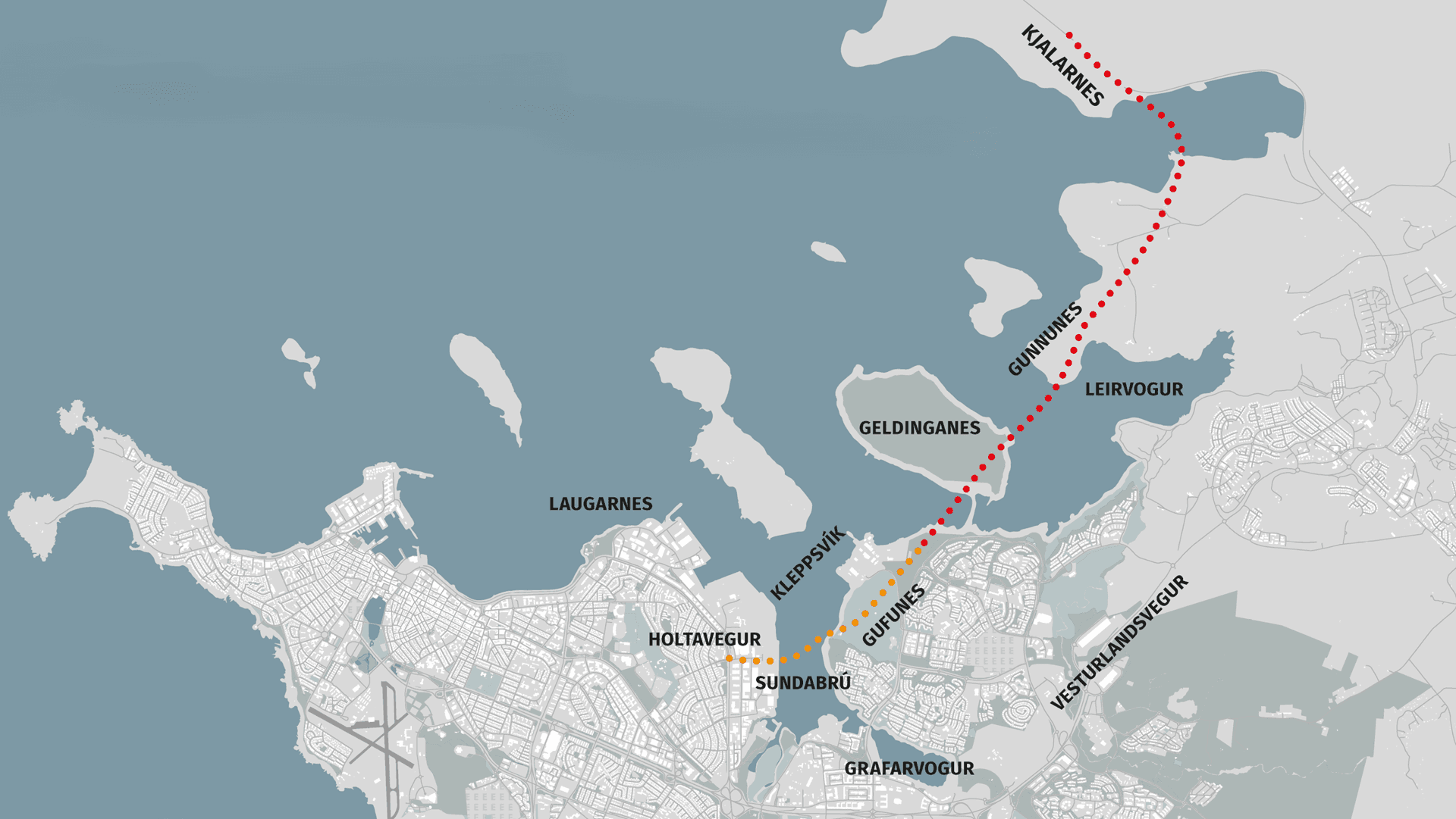 Yfirlitsmynd af mögulegri legu Sundabrautar. Myndin er fengin af vef innviðaráðuneytis.