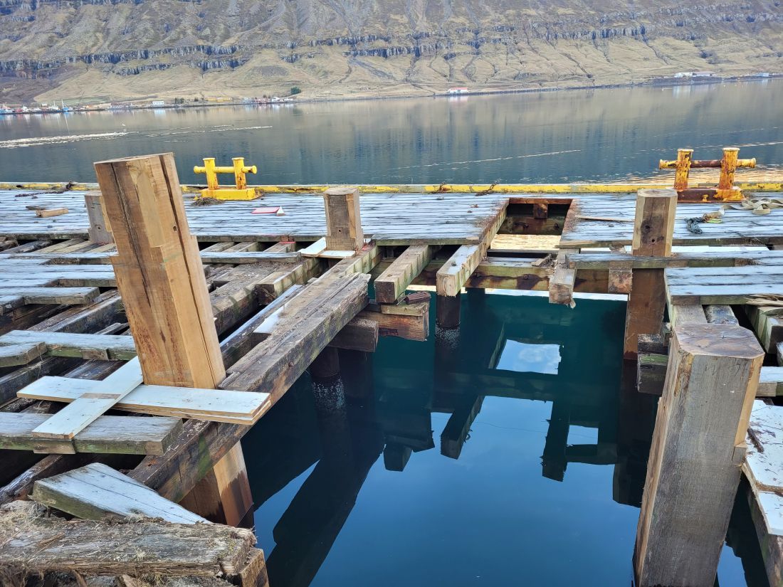 Staurar voru reknir niður áður en gamla bryggjan var rifin.