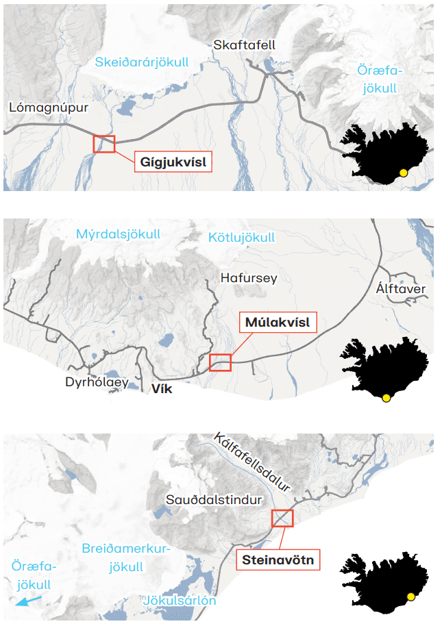 Flóðin urðu í þremur vatnsföllum: Gígjukvísl 1996, Múlakvísl 2011 og Steinavötnum 2017.