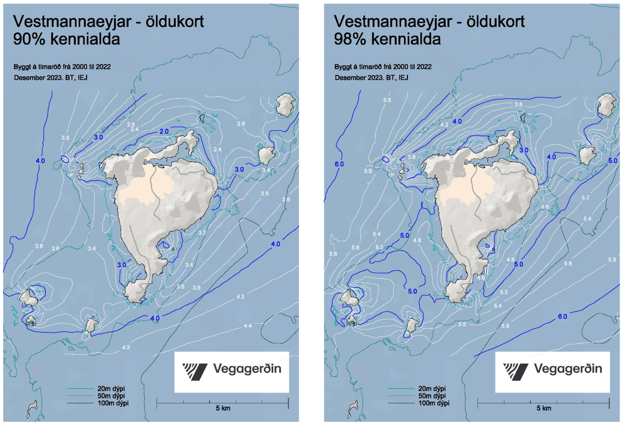 Vestmannaeyjar - öldukort 90% og 98% kennialda.