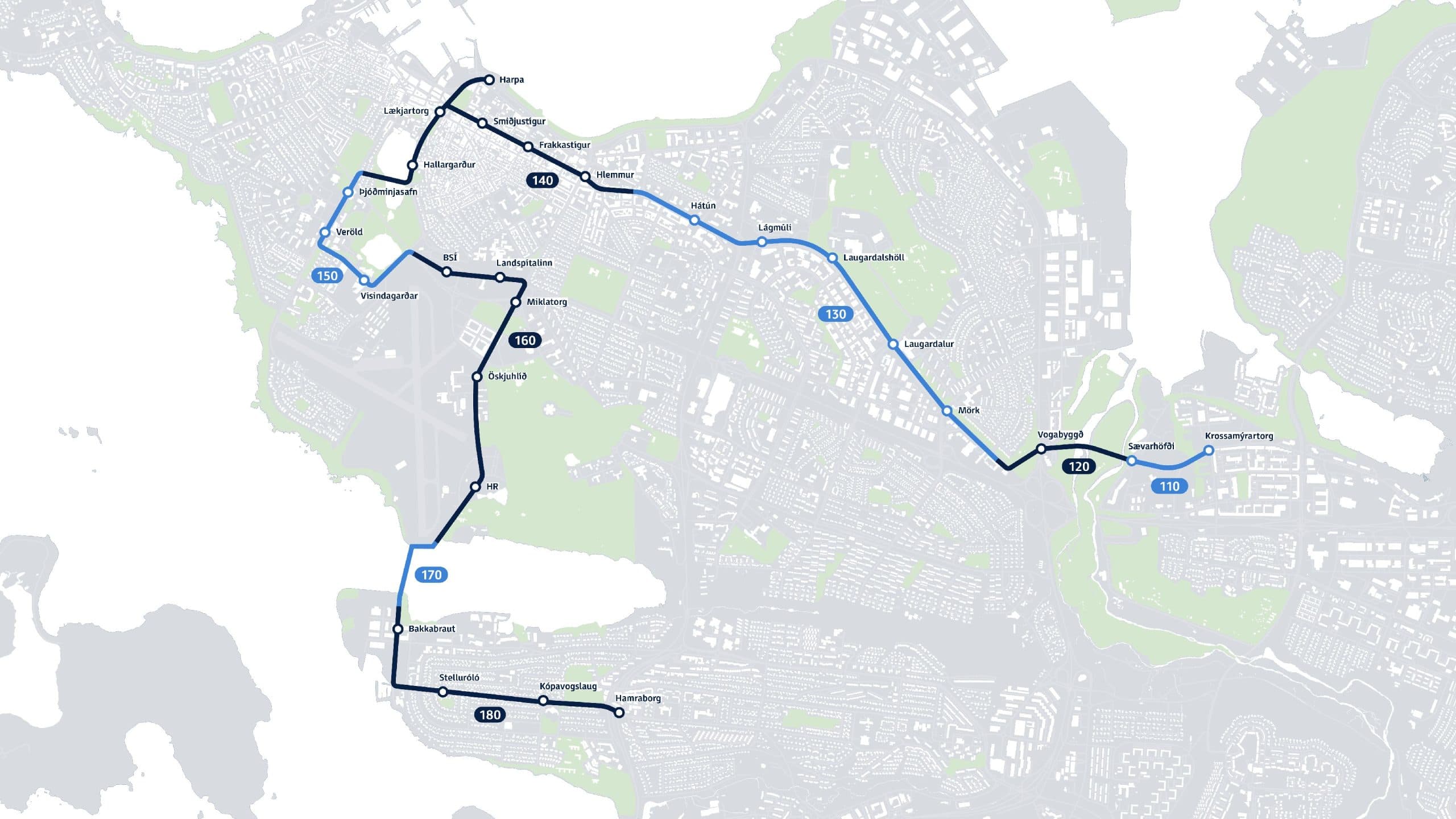 Kort af Borgarlínu, lotu 1.